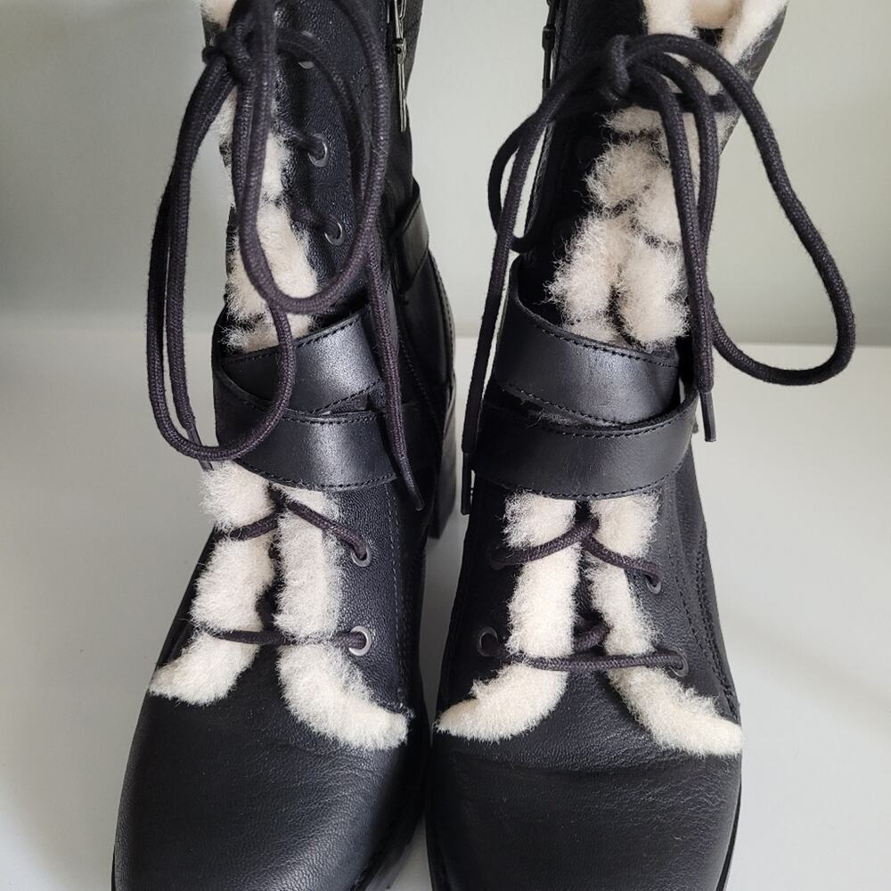 UGG "Ingrid" Black Leather Shearling Lug Soled Lace-Up Moto Combat Biker Boots-7 - Picture 3 of 14